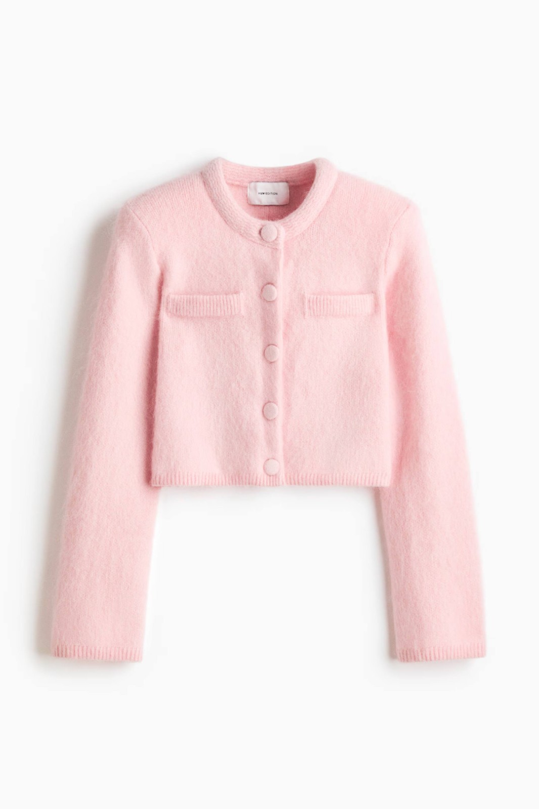 H&M WOMENMohair Blend Cropped Cardigan Shoulder Pads Button Front Soft Knit Pink