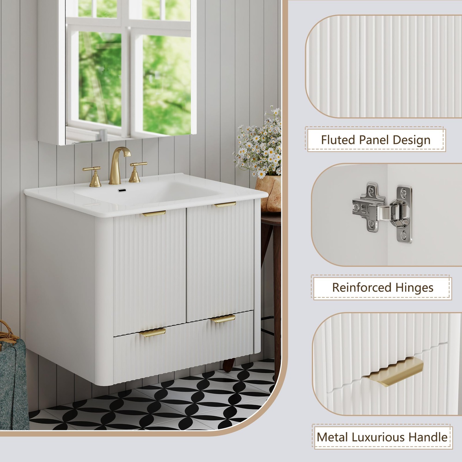 24 Inch Floating Bathroom Vanity with Sink 2 Doors 2 Drawers White