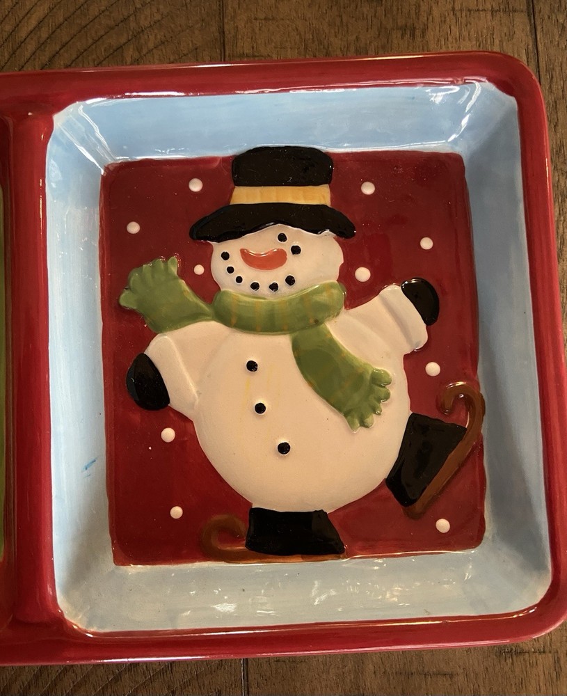 Christmas Ceramic Divided Serving Tray (3-Section) Santa, Tree, Snowman