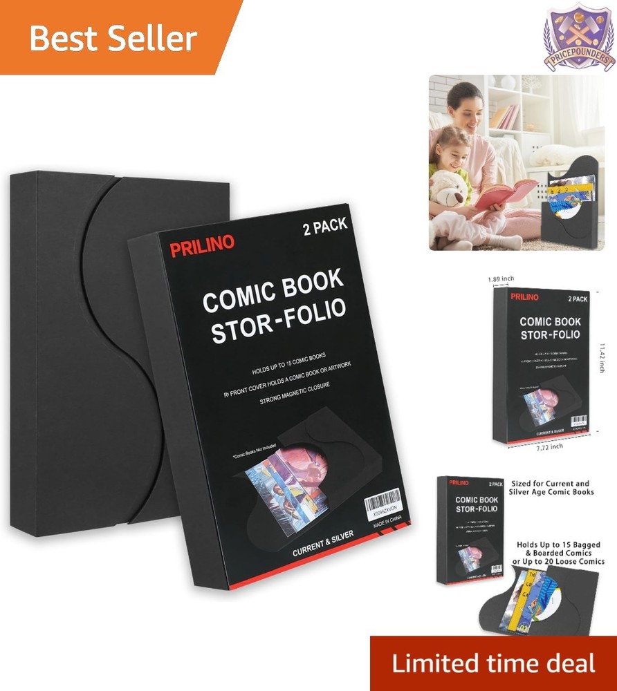 2 Pack Comic Book Storage Boxes Black Portable Durable with Magnetic Closure