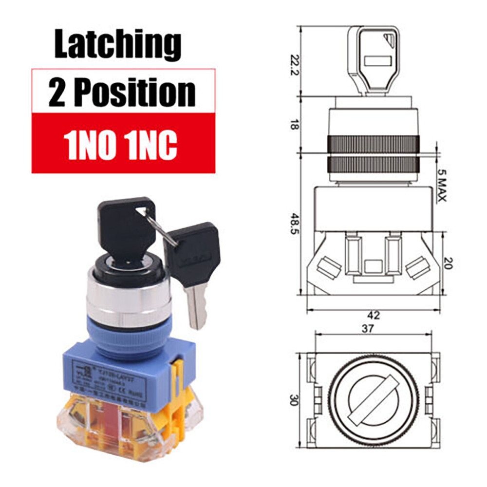 On/Off Security Key Switch Lock +Keys 22mm Momentary/Latching 2/3 Position NO/NC
