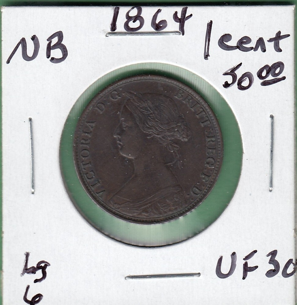 1864 New Brunswick One Cent Coin -Large 6 - VF-30