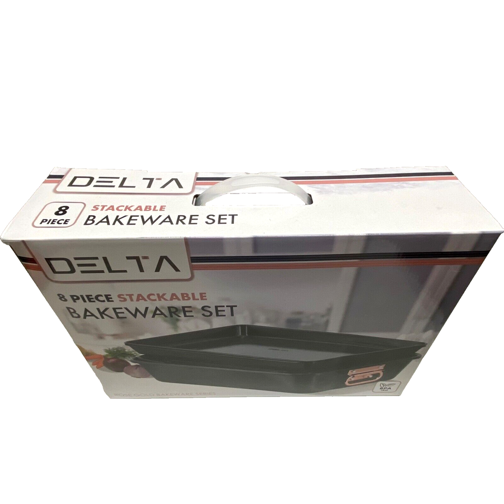 Delta 8 Piece Nonstick Stackable Bakeware Set Matte Black Rose Gold Trim NIB