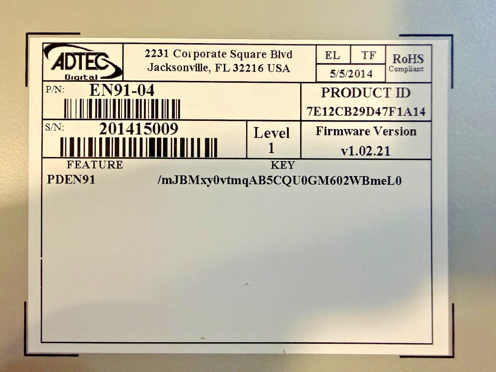 ADTEC EN-91 ENCODER, LOW HOURS, REMOVED FROM WORKING SYSTEM