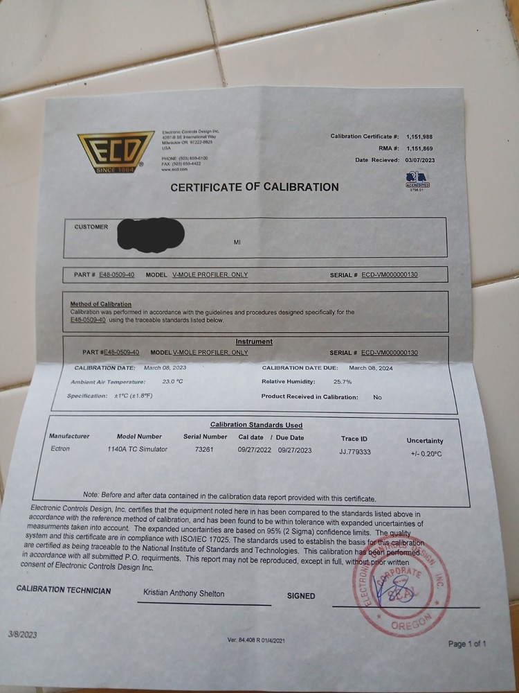 ECD V-MOLE Thermal Profiler With Yellow Jacket And Paperwork