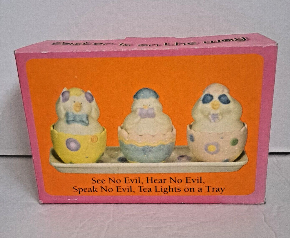 Easter Hand Painted 4 pc. Tealight Set See no Evil, Hear no Evil, Speak no Evil