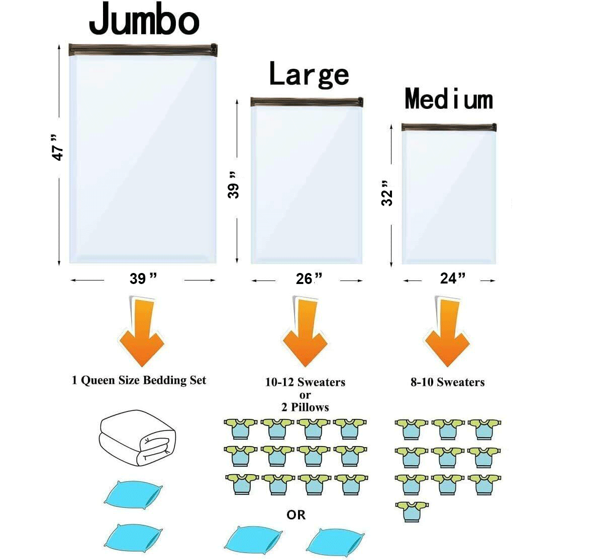 24 x Jumbo Vacuum Storage Bags Travel Space Saver Garment Seal Clothes Hand Pump