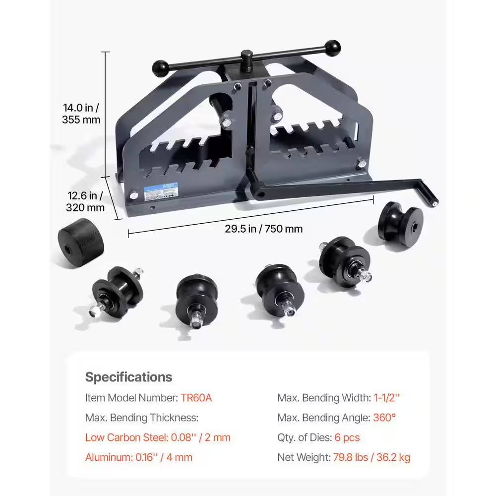 Max 1-1/2 In. 360° Pipe Bender Manual Tube Roller Bender with 6 Dies, 360° Bendi