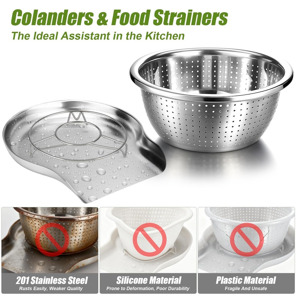 Stainless Steel Colander Set with Self-Draining Base, 3 Sizes Colanders & Foo...