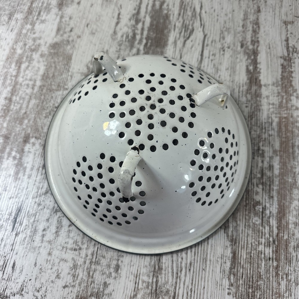 Vintage White Enamelware Colander Strainer 9.5”