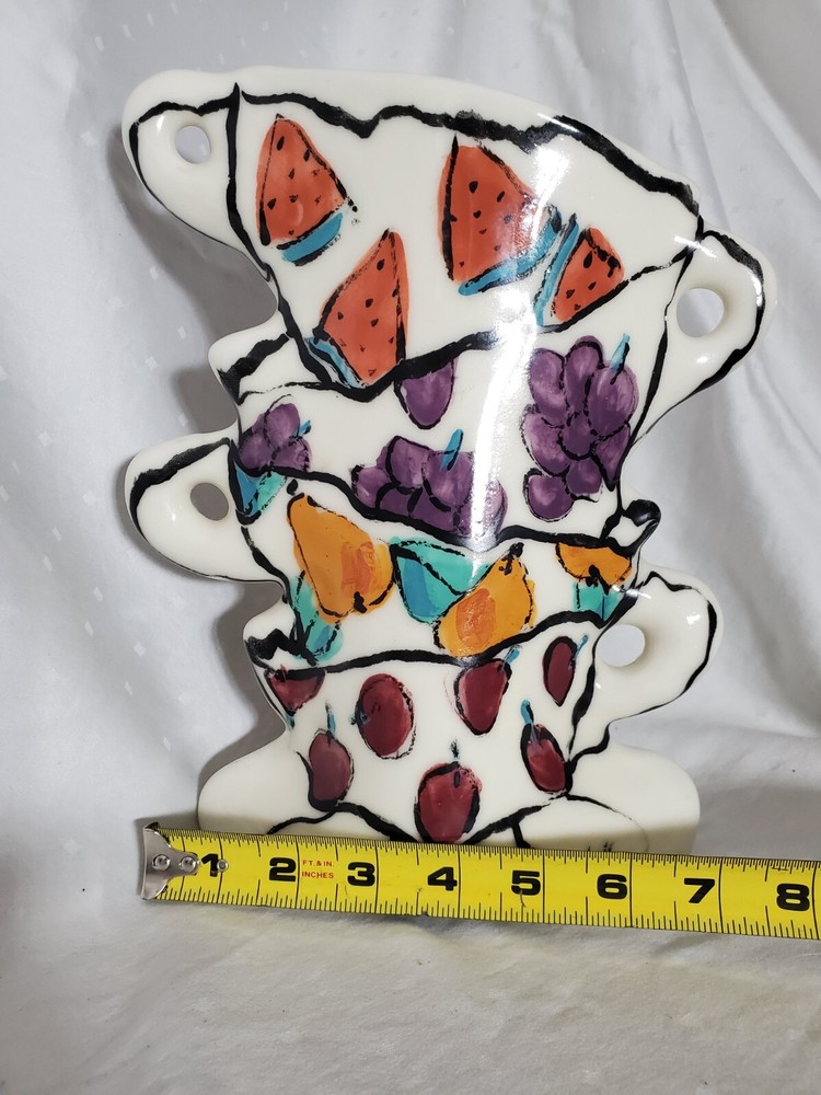 Tea Cup Stacked Ceramic Vase w/ handpainted fruit