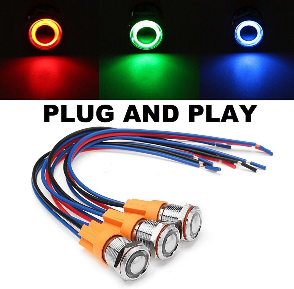 LED ON/OFF Stainless Steel Push Button Panel Mount Switch w/Harness