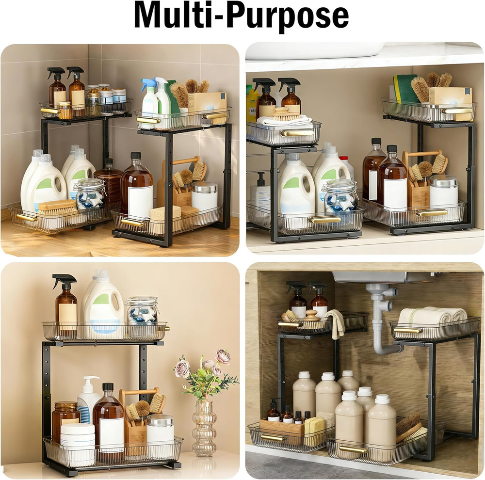 under Sink Organizer - 2 Packs Multi-Purpose Pull-Out Storage Organizers, Slide