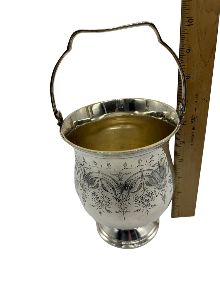 Vintage Eales 1779 Footed Silver Ice Bucket With Handle Etched Floral Pattern