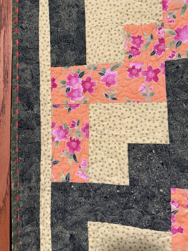 Patchwork Quilt Throw Blanket Handmade Signed Reversible Zigzag Floral 55”x39”