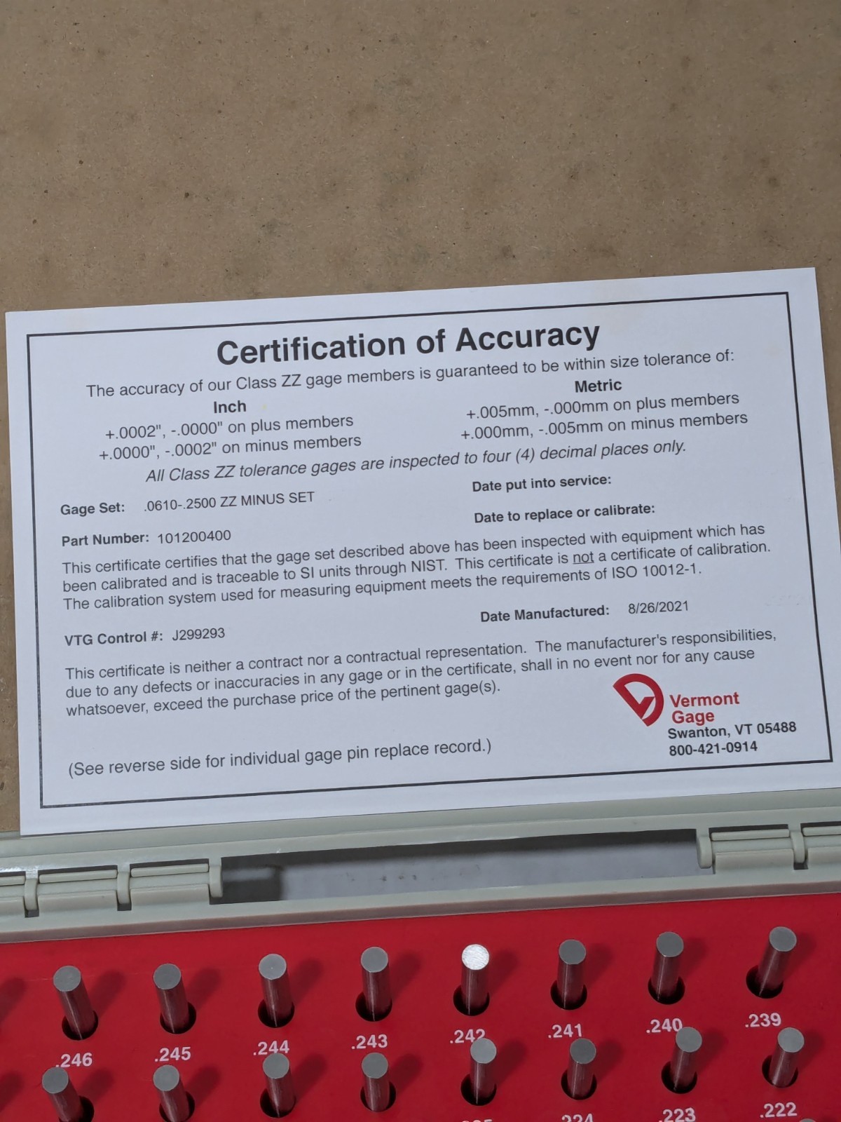 Vermont Gage 190 Pc Class ZZ Plug Gage Set: 0.061 to 0.25" Range 101200400