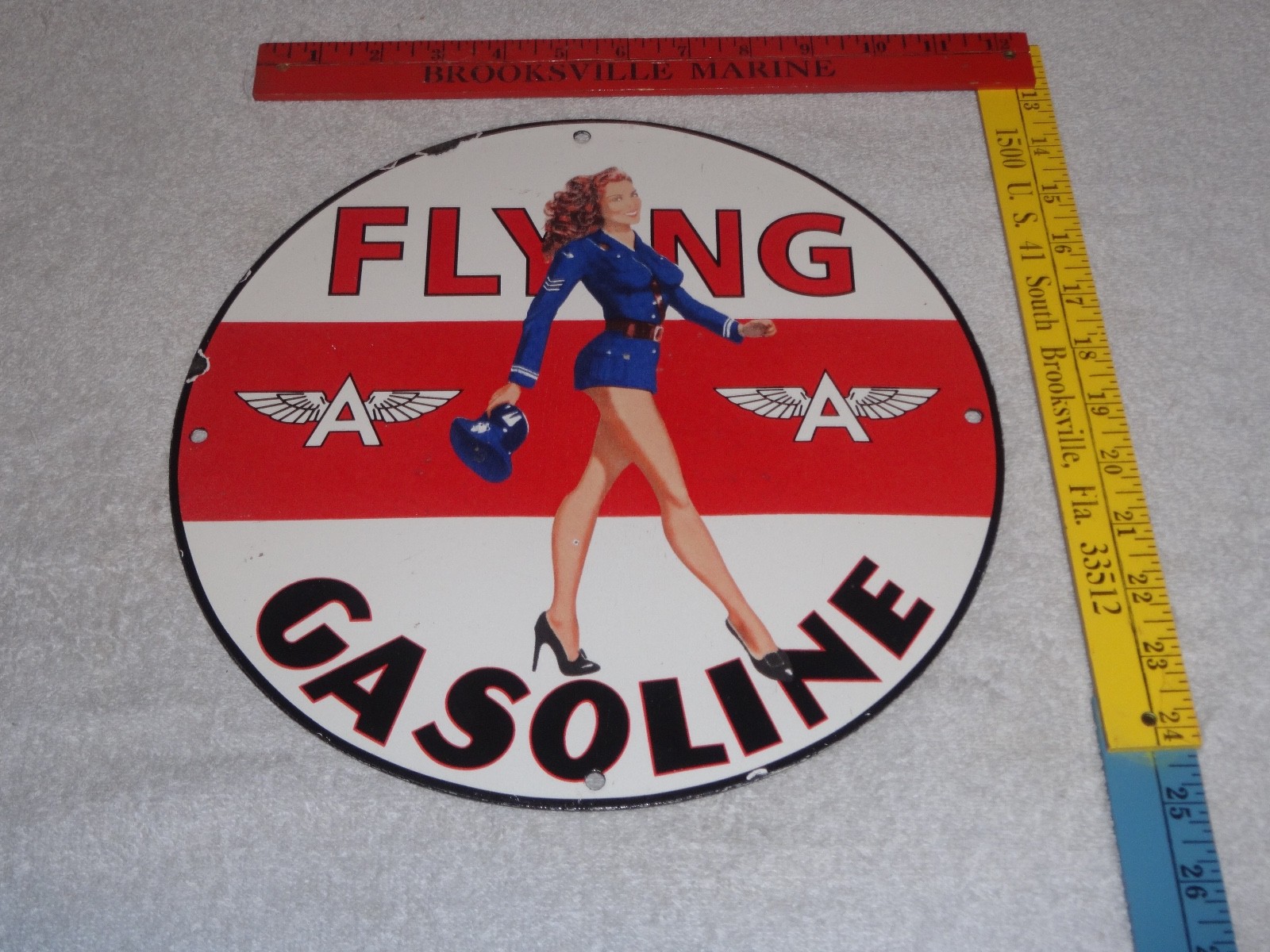 VINTAGE FLYING A AIRPLANE STEWARDESS WOMAN 11 3/4" PORCELAIN METAL GASOLINE SIGN