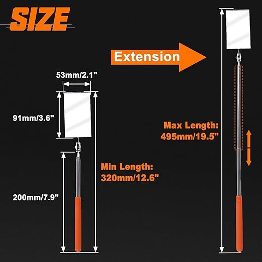 Telescoping Auto Inspection Mirror 360° Swivel Head Rectangular 19.5"-Orange