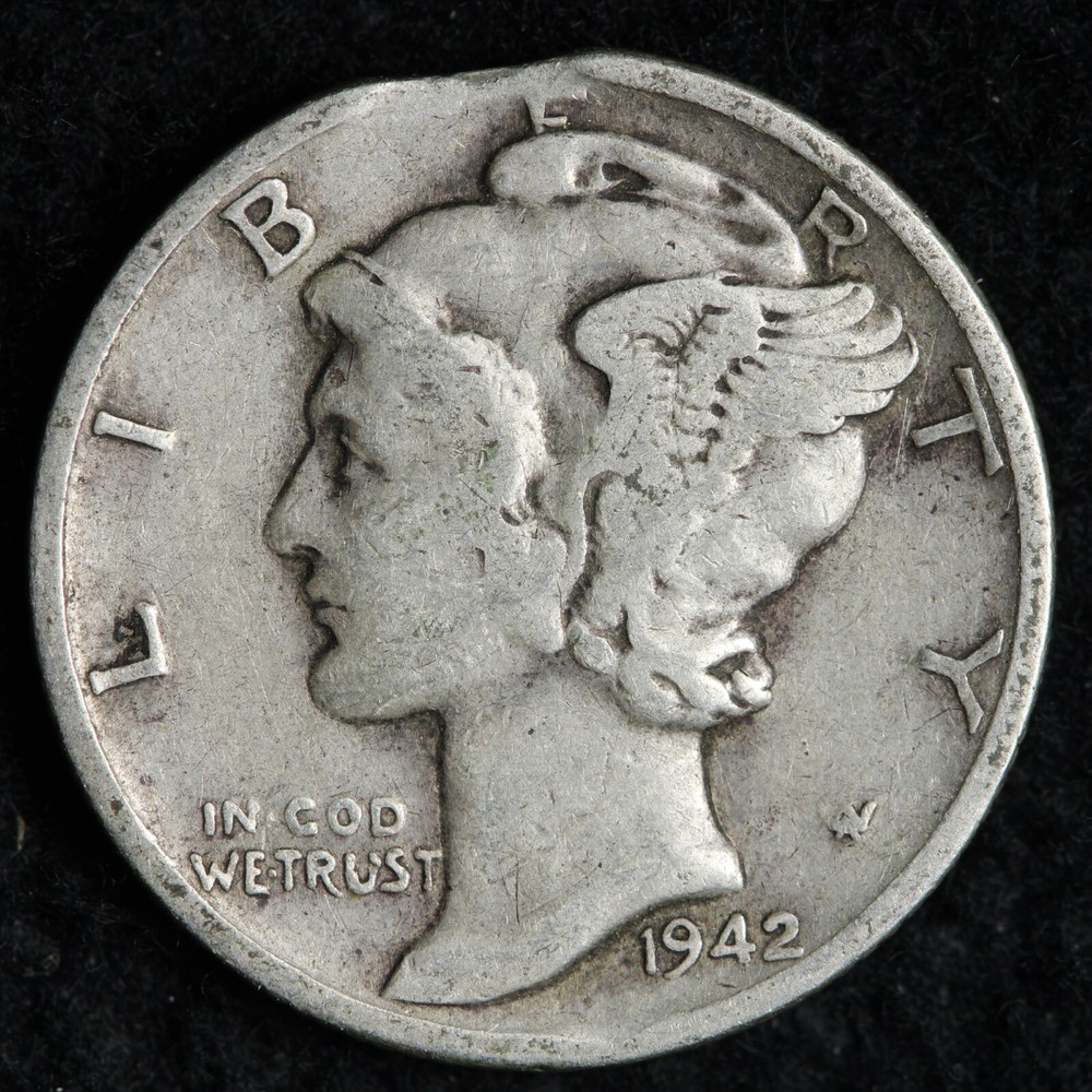1942 Mercury Silver Dime RIM CLIP ERROR E348 JUN