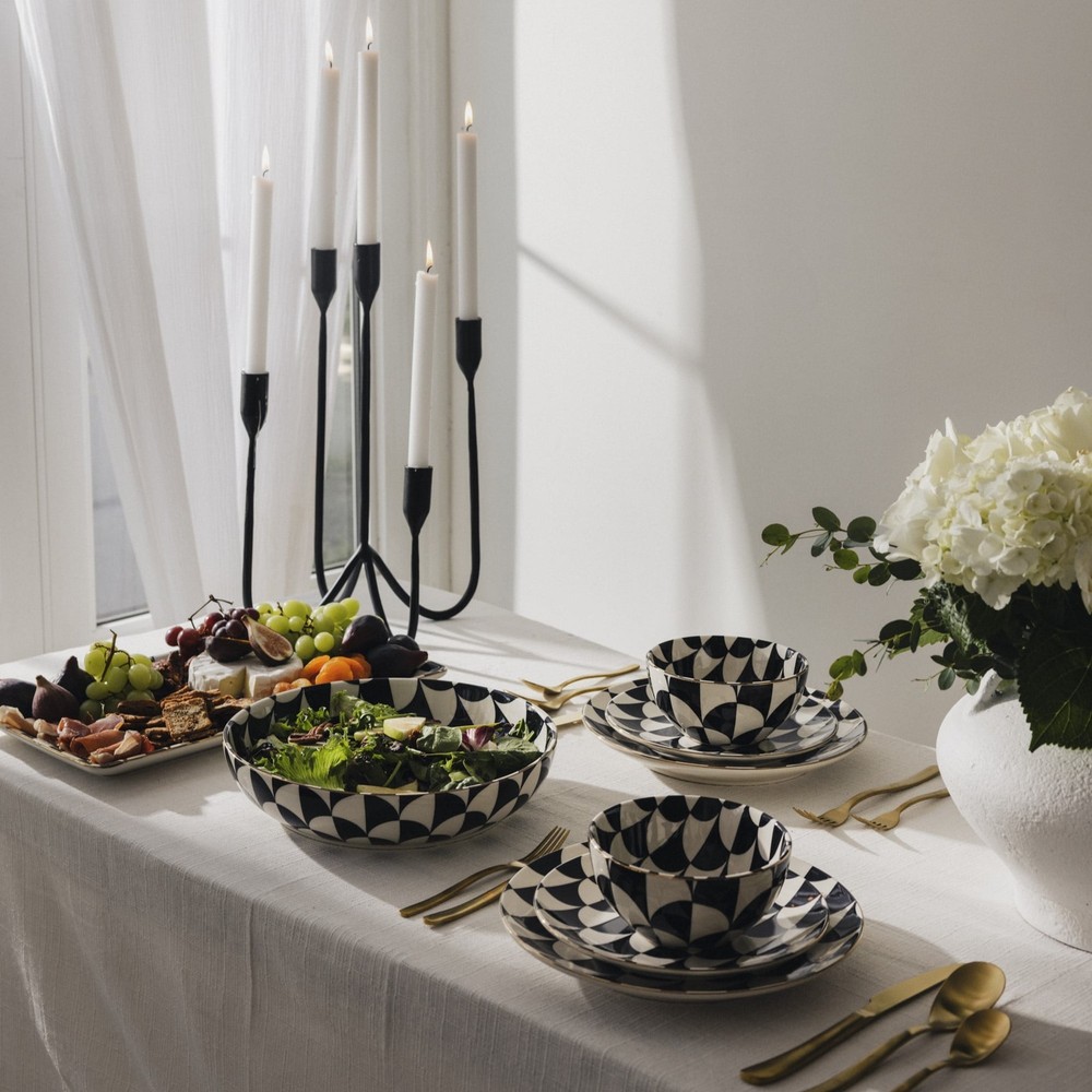 Emmett 12-Piece Ceramic Dinnerware Set Black & White