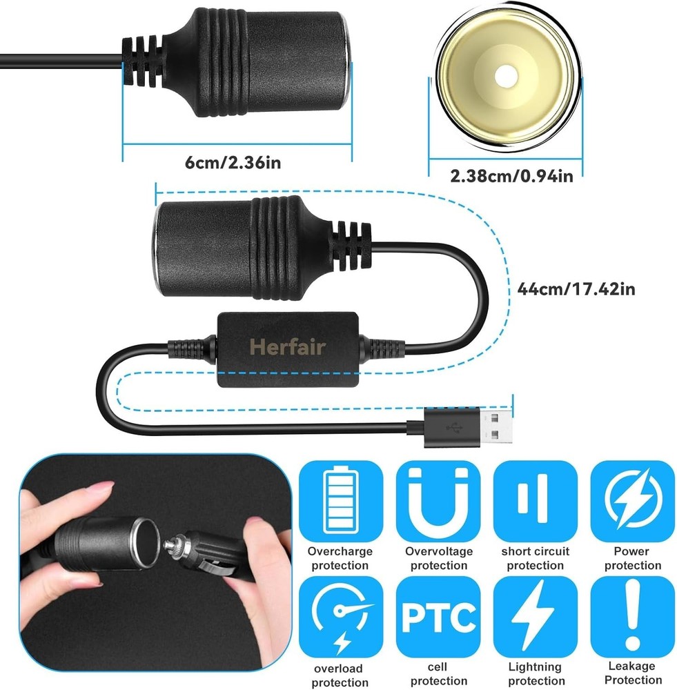 Durable USB A to 12V Lighter Socket Adapter - Fast Charging for Car Electronics