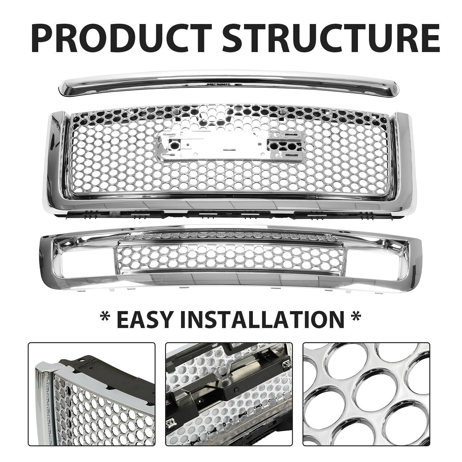 For 2007-13 GMC Sierra 1500 Denali Pickup Upper Lower Grille Hood Molding Chrome