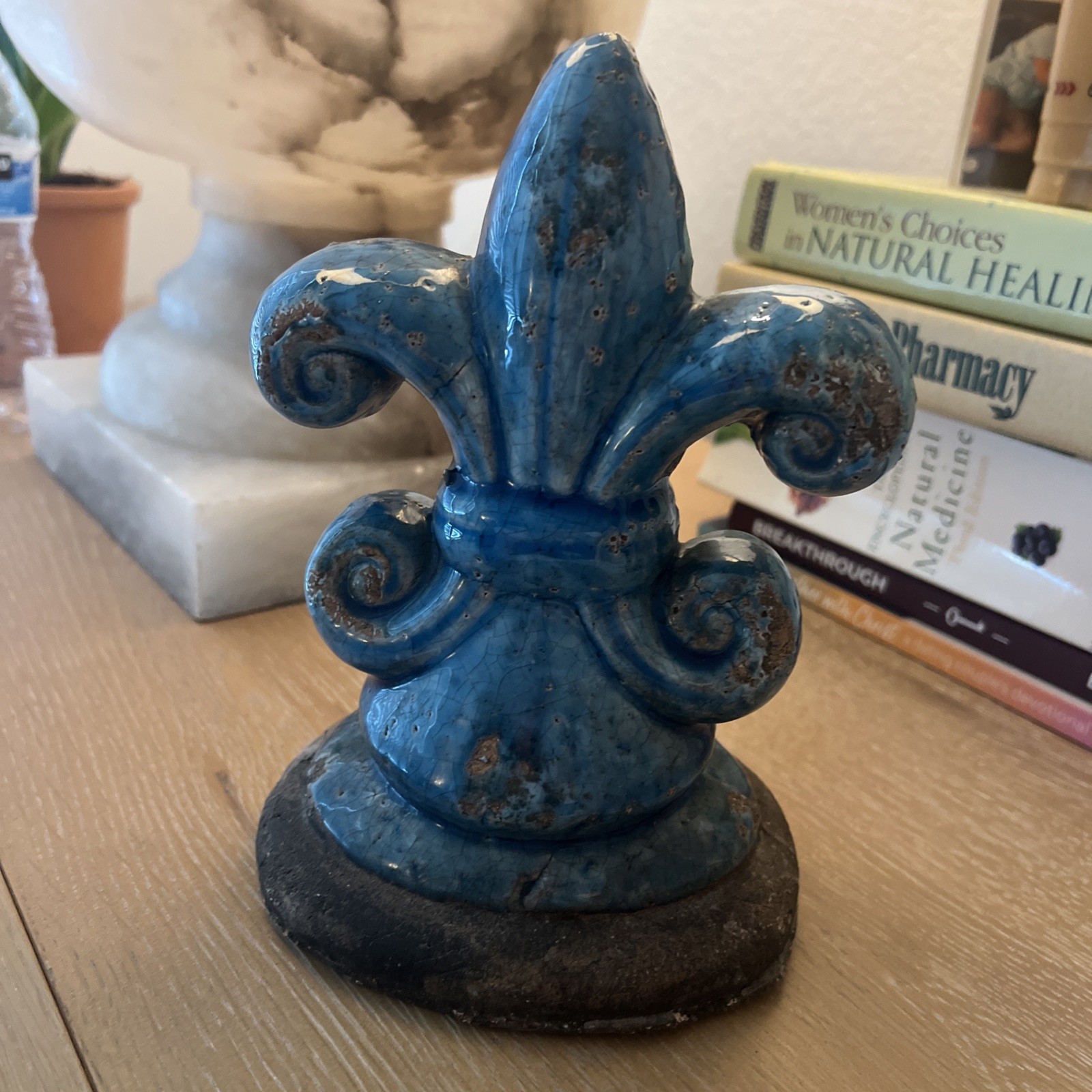 8” Blue Glazed Concrete Fleur-de-Lis Statue
