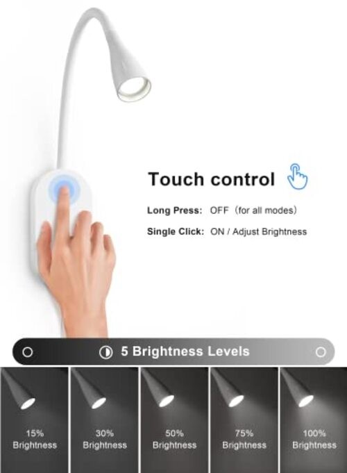LED Wall Mount Reading Light for Bed, Reading Lamp with USB Output 5 White
