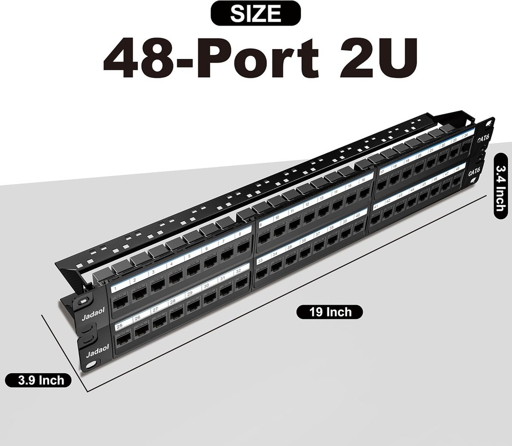 48 Port Cat 6 Patch Panel, 2U Rackmount/Wall Mount, 10Gbps Ethernet, UL Listed