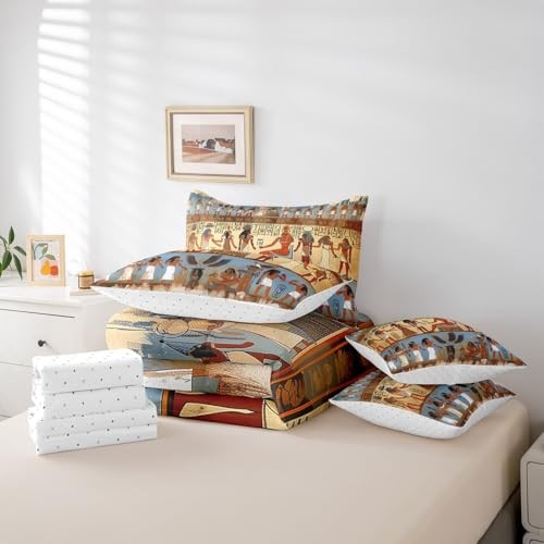 Ancient Egypt Bedding Set with Sheets Egyptian Pattern King Beige Blue
