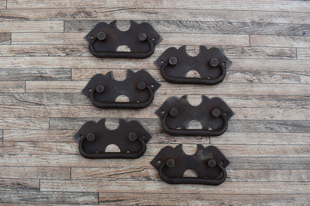 6pc Vintage Handmade Iron Door Gate Drawer Tool Box Pull Drop Back Plate Handles