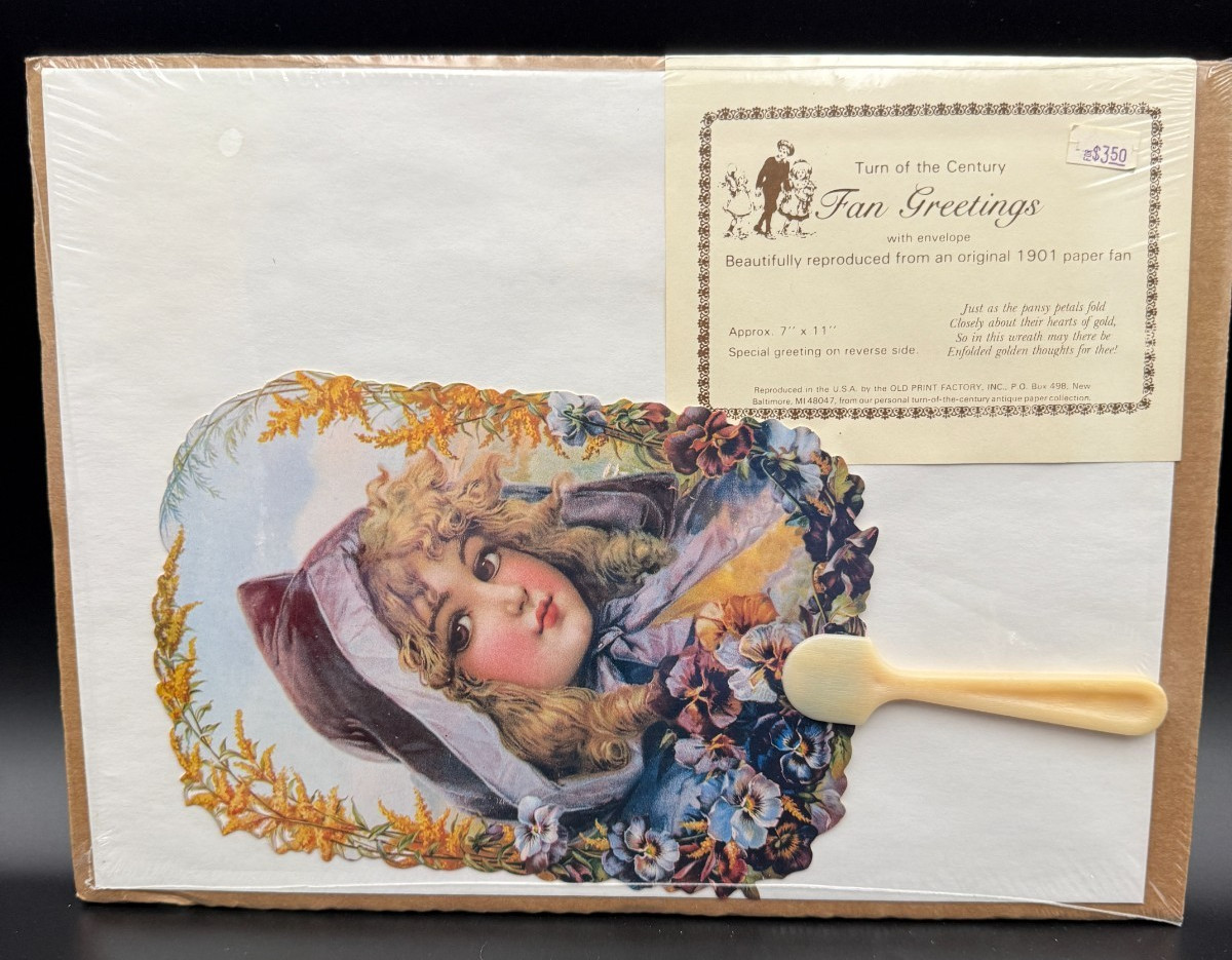 Vtg Old Print Factory Repro 1901 Paper Fan Victorian Girl Turn of the Century