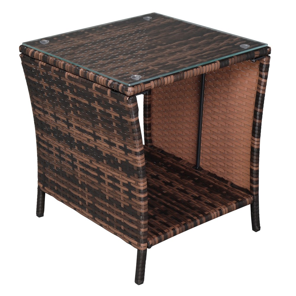 Glass Surface Brown Gradient Iron Frame Rattan Side Table