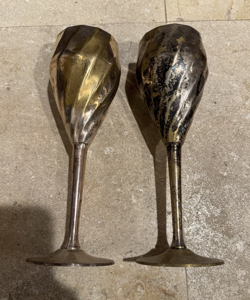 Pair (2) of Silver Plated Long Stem Wine Goblets Decor