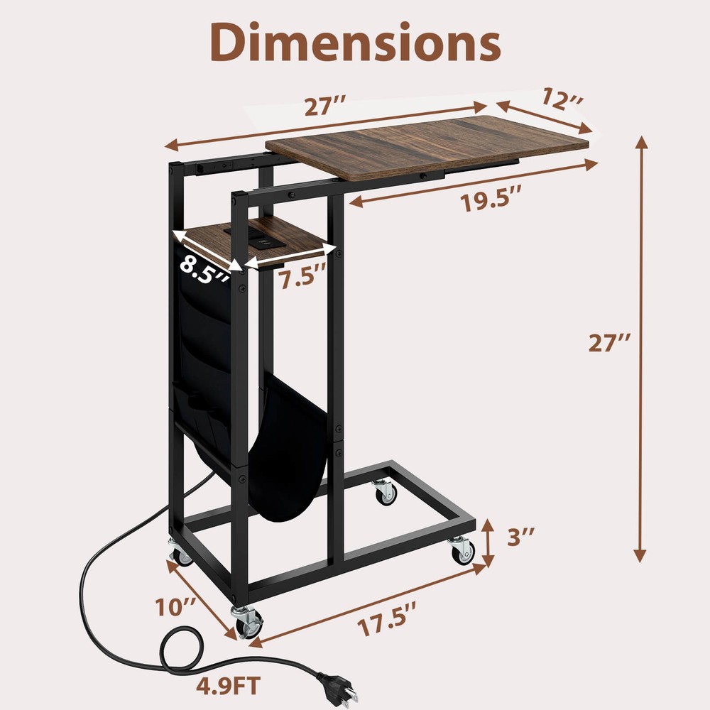 C-shaped End Table w/ Charging Station Rolling Bedside Table Couch Side Table