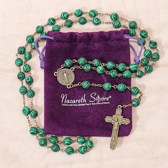 Natural Malachite Stone Rosary Beads Necklace St. Benedict Cross and Medal