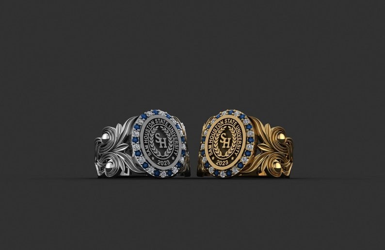 Custom Sam Houston University Ring Personalized Silver Blue & white Gem 2023