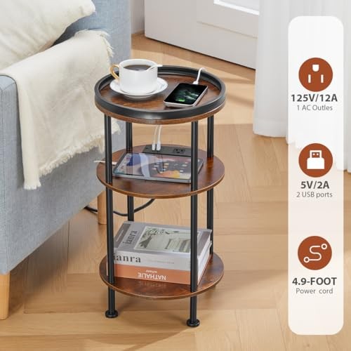 Small Round Side Table with Charging Station for Small Rustic Brown USB Charger