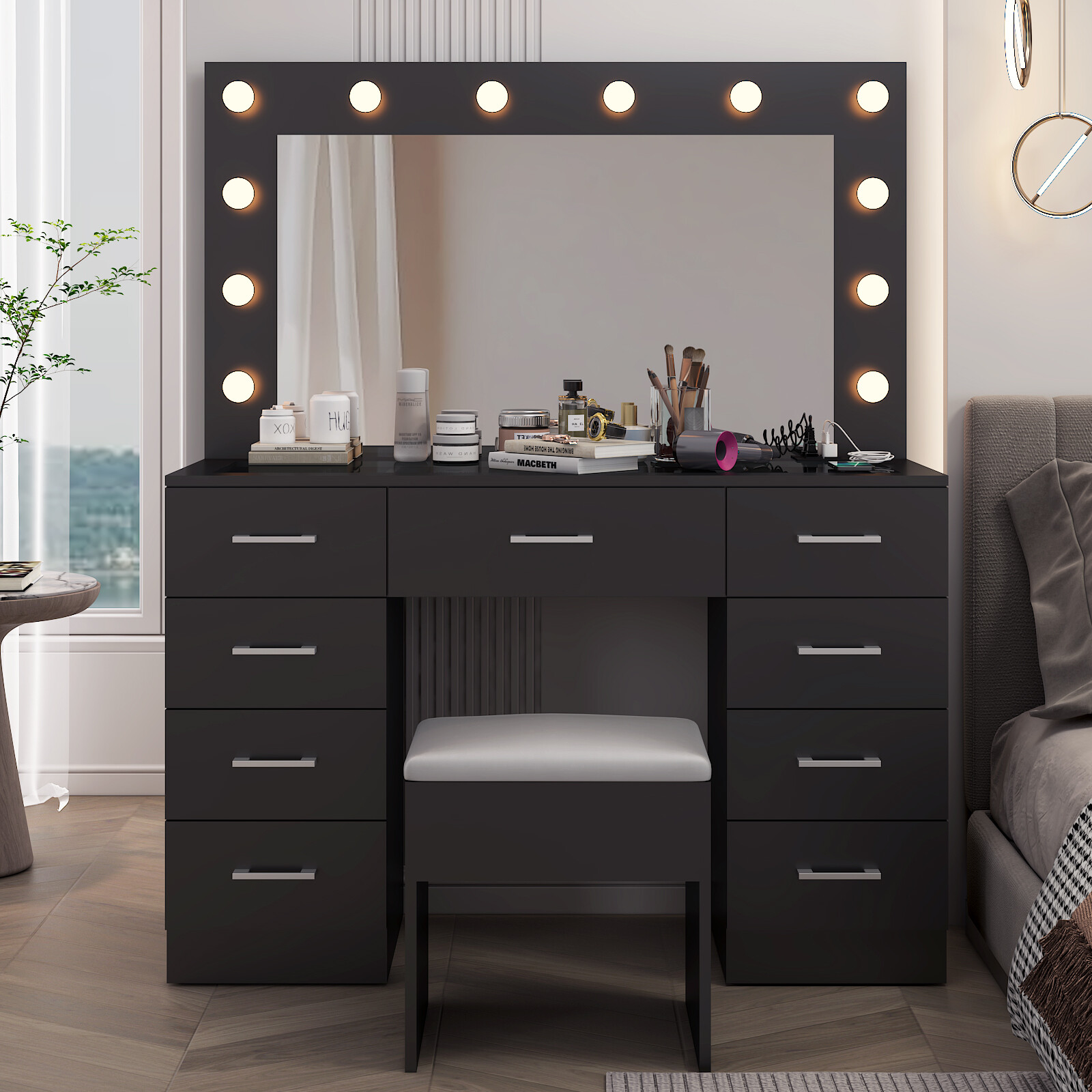 Vanity Set Desk 9 Drawers Large Mirror with Power Outlet LED Lights Makeup Table