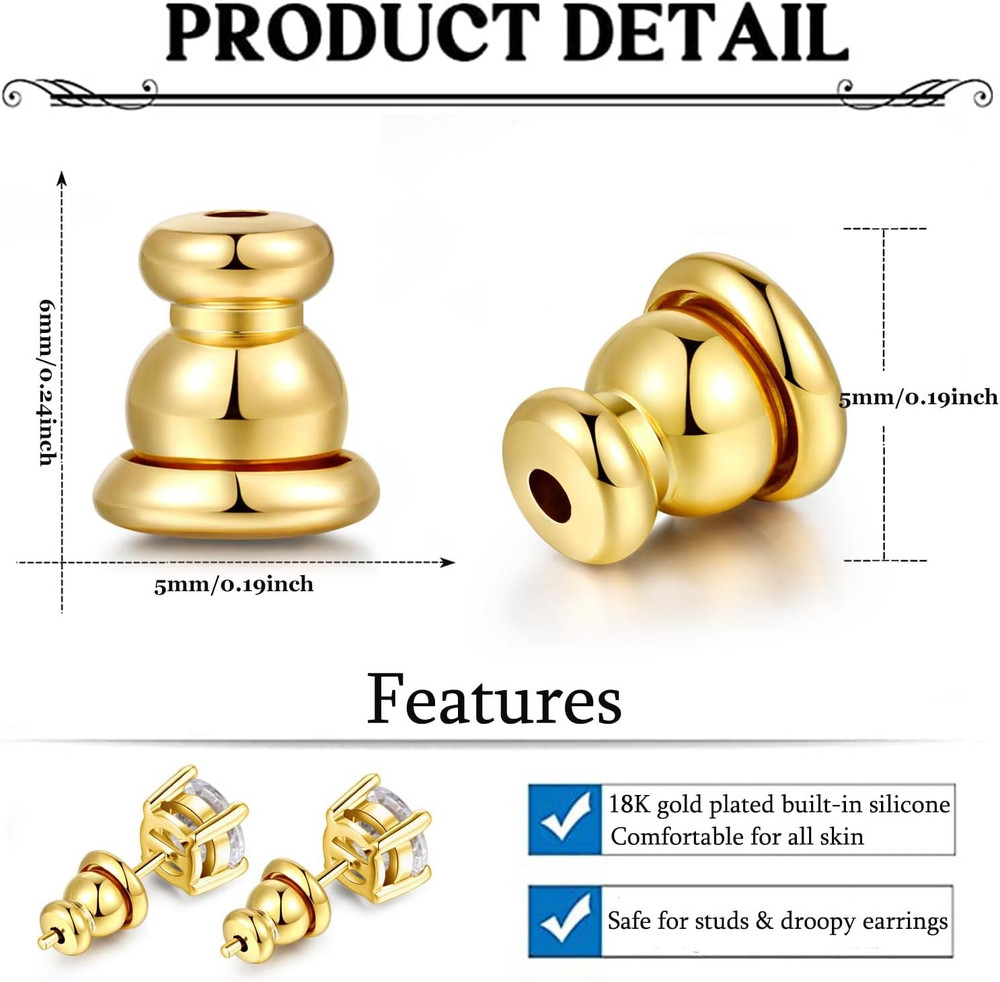 Earring Backs for Studs, 18K Gold Bullet Earring Backs Replacements for Studs/Dr