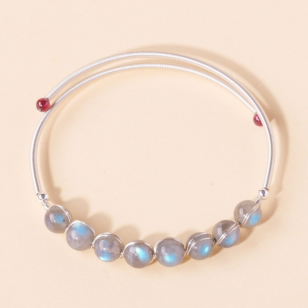 Labradorite Beaded Adjustable Silver Wire Bangle Healing Jewelry