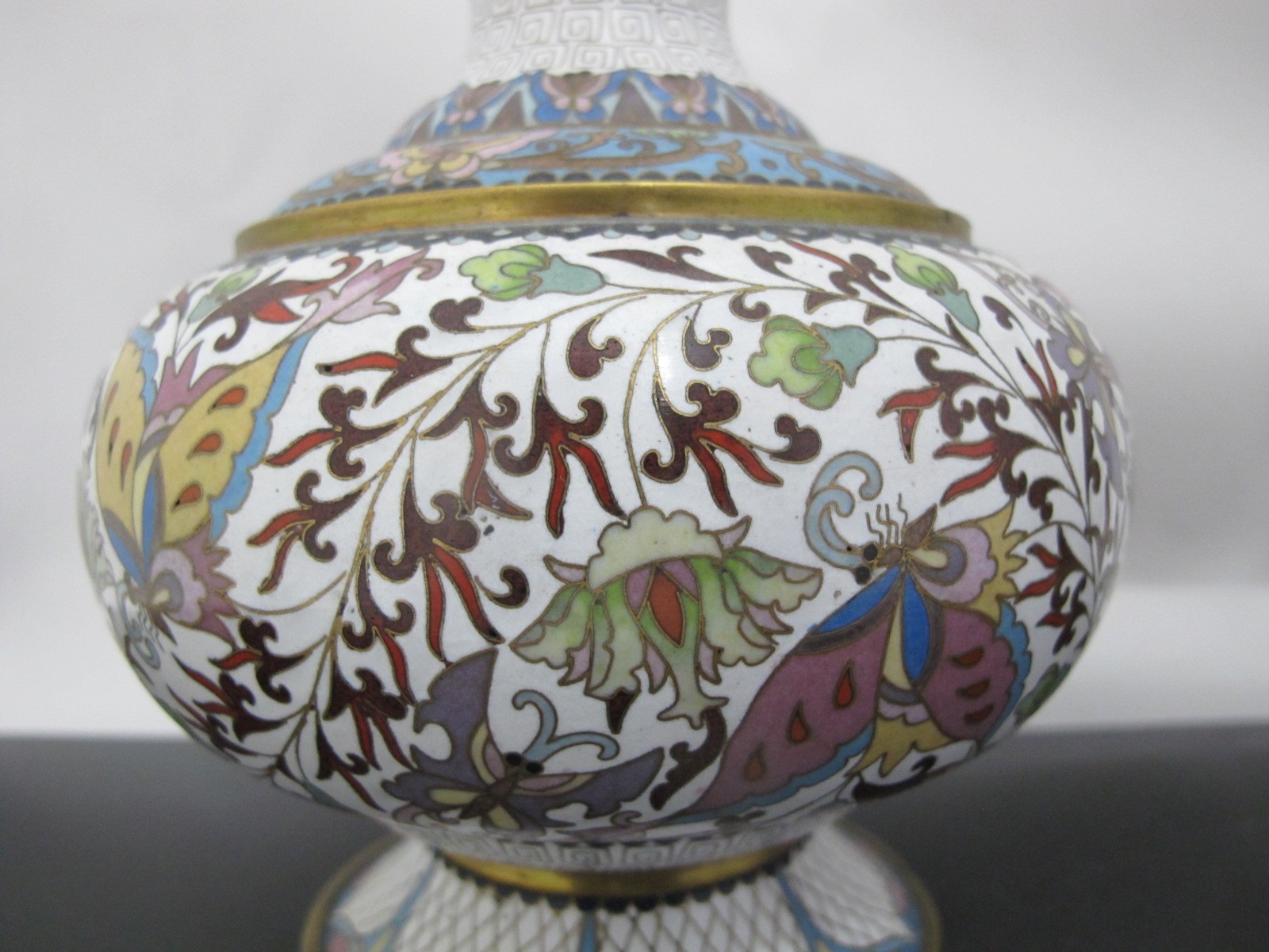 CHINESE White Enamel CLOISONNE Colorful Butterfly & Flower Vase Pair