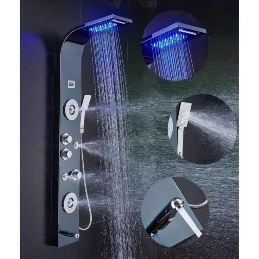 BLACK Shower Tower Panel Massage System Luxury LED Rainfall Waterfall Bath Light