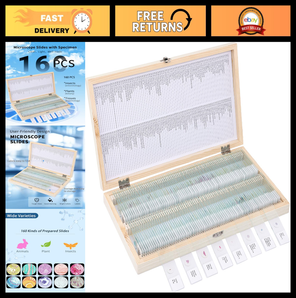 160-Pcs Educational Microscope Slides Set with Specimens for Biology Experiments