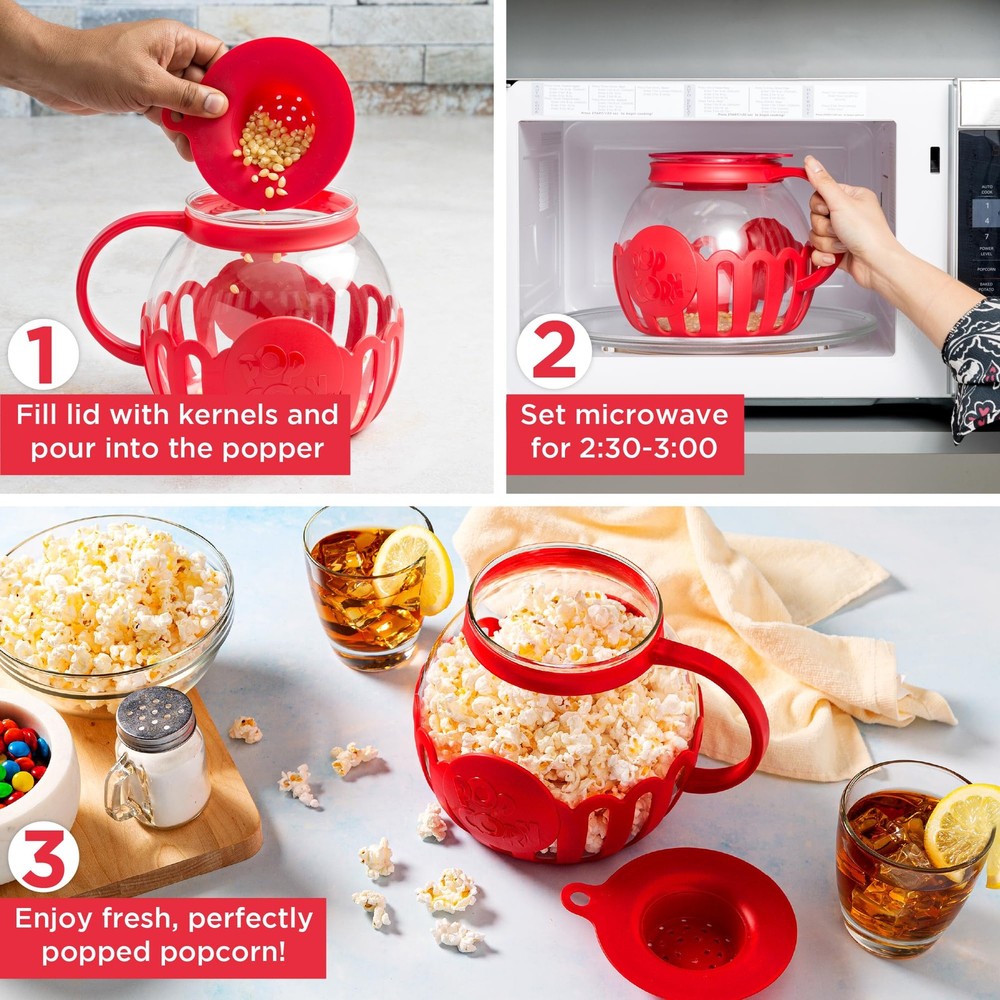 Ecolution Patented Micro-Pop Microwave Popcorn Popper with 3-Quart, Red