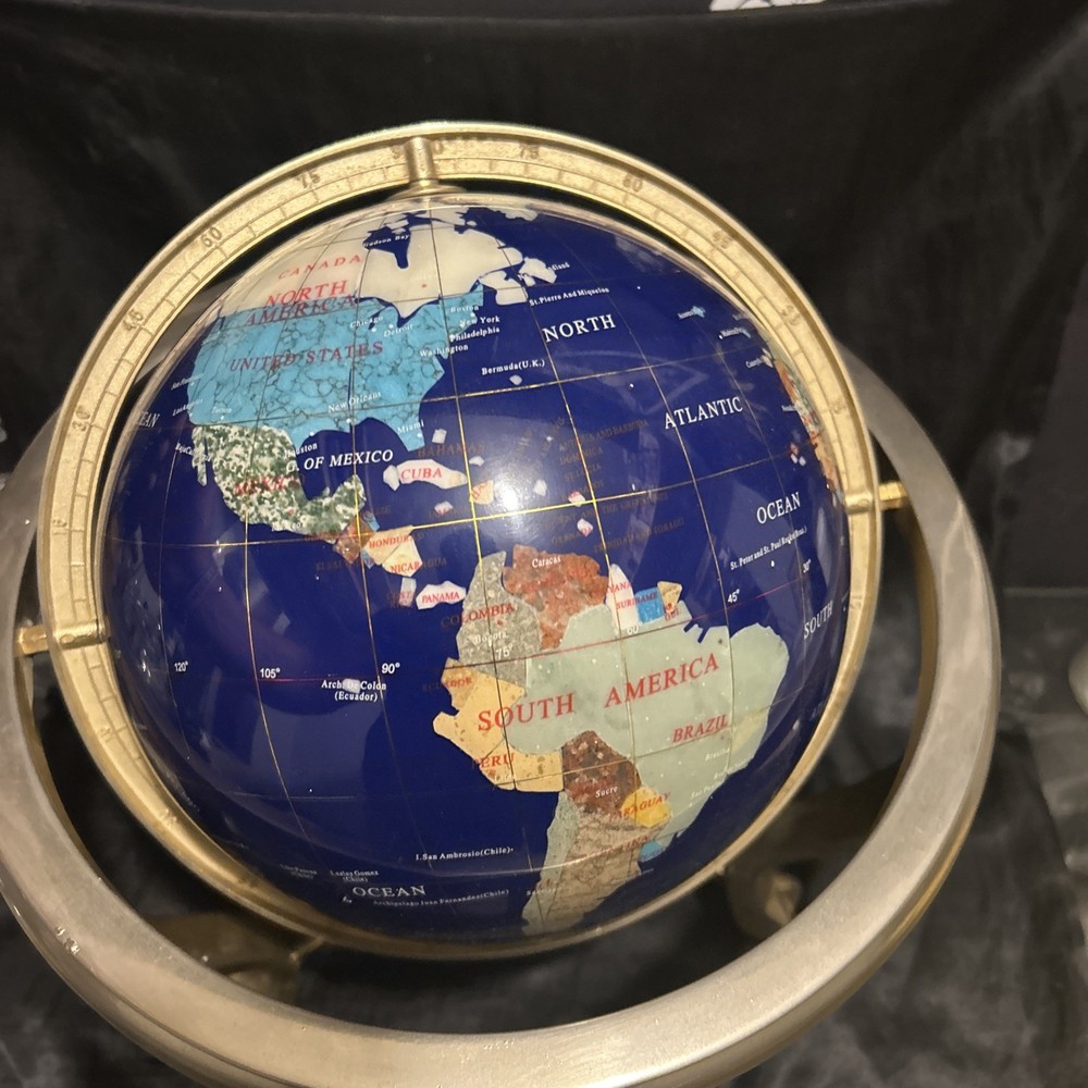 Vintage Globe Precious Inlaid Stone Solid Brass