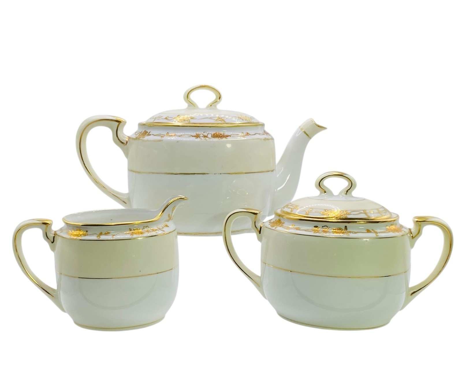 Handpainted Nippon Teapot Lid Creamer Sugar Bowl Lid Beige Gold Gilt Trim Floral