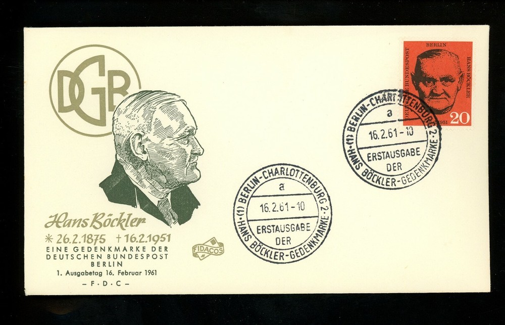 Postal History Germany FDC #9N175 Hans Bockler labor 1961