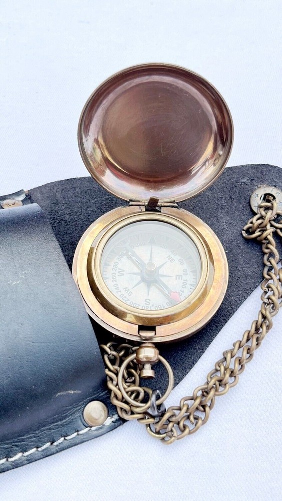 Antique Push Button Compass Brass Pocket Camping Compass With Leather Box