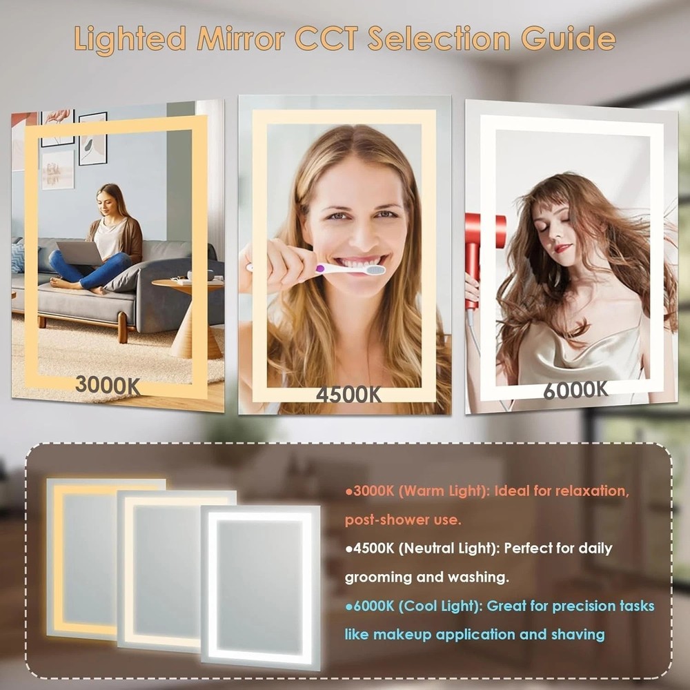 Modern Rectangular LED Vanity Mirror - 16x24, Waterproof & Memory Function